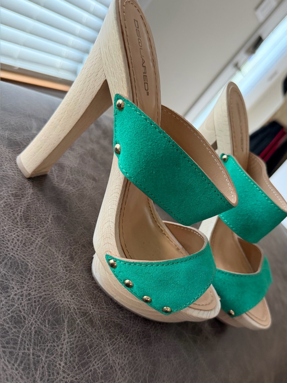 DSQUARED2 Emerald Green Suede High Heel Mules with Gold Studs
